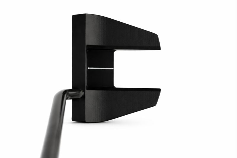 Black golf putter head on a white background